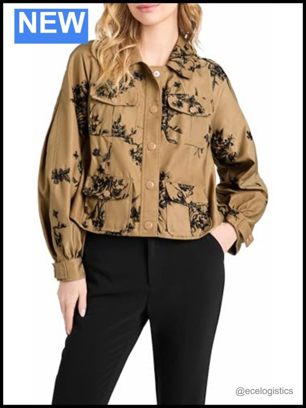 Nylon Cropped Jacket Short Sleeve Elastic Waist Button Casual